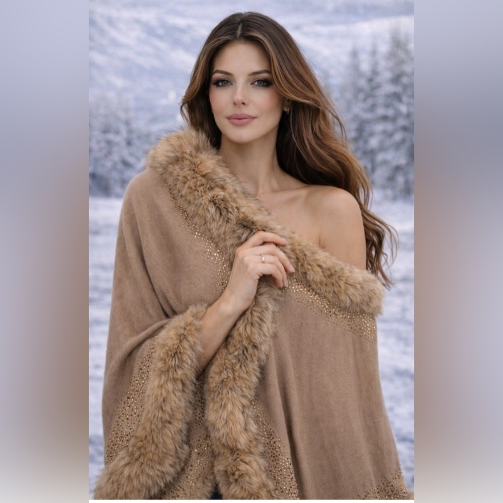 Luxurious Cashmere Silk Fox Fur Trimmed Shawl Wrap in Tan